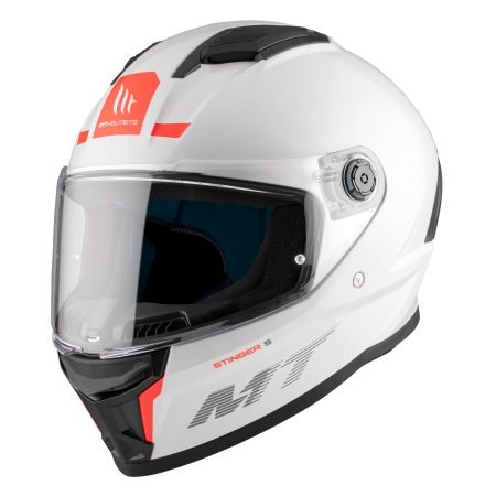 Casco de moto blanco y negro con detalles en naranja - lado izquierdo - Fondo blanco