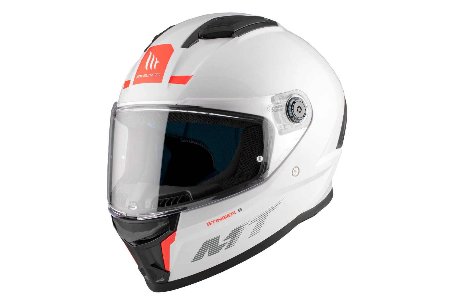 Casco de moto blanco y negro con detalles en naranja - lado izquierdo - Fondo blanco