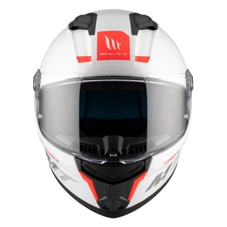 Casco de moto parte frontal- en blanco-negro y naranja - logo MT HELMETS en parte frontal - Fondo blanco