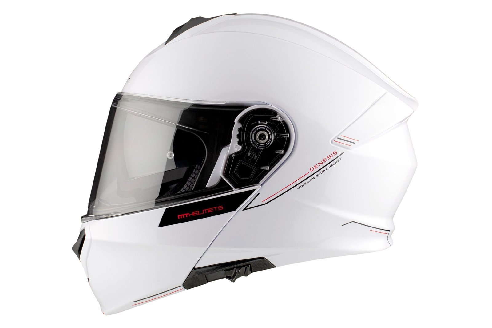 Casco blanco y negro abatible - detalles en naranja - lado derecho - fondo blanco