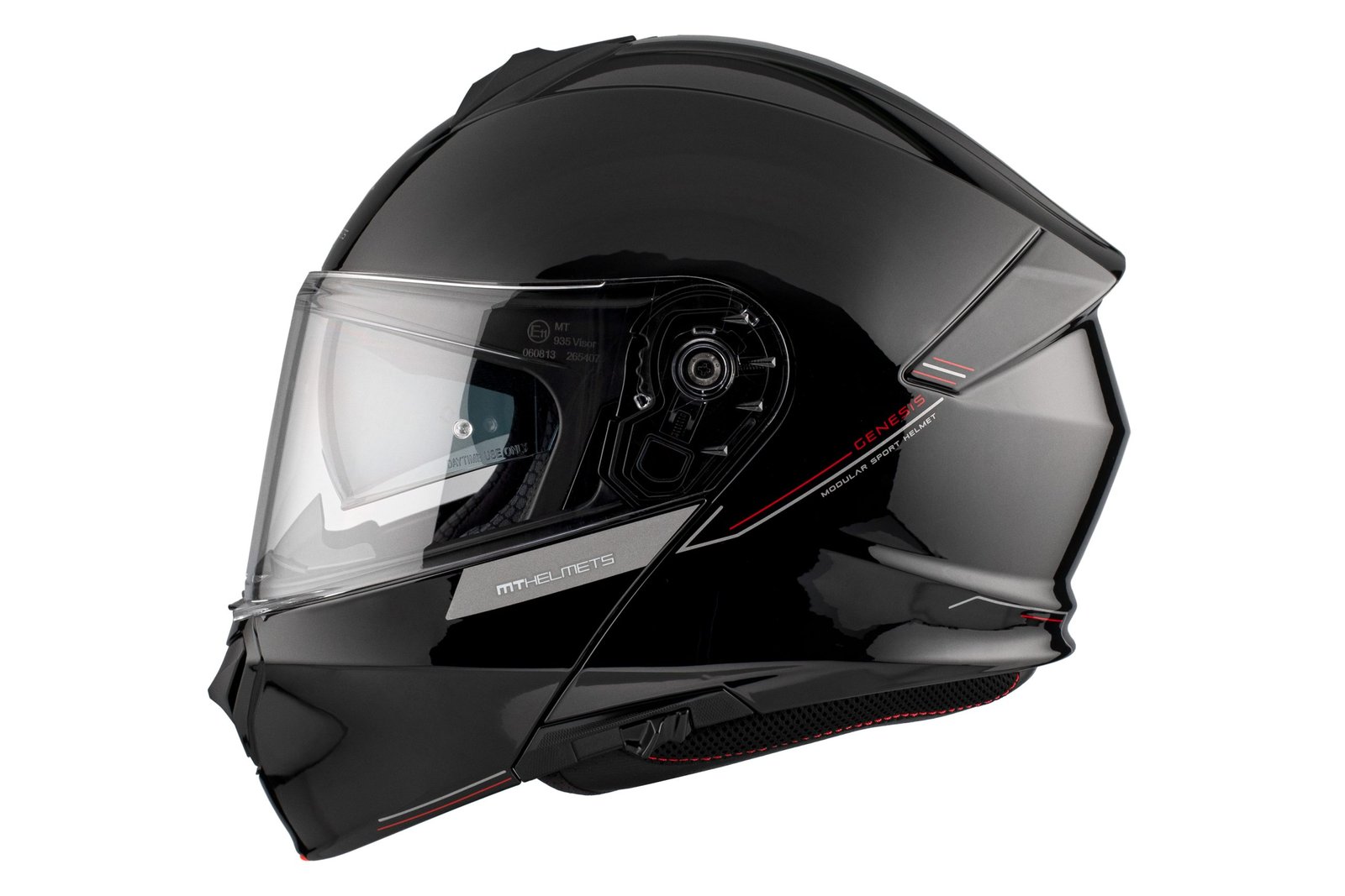 Casco de moto negro - visera negra bajada - fondo blanco - lado izquierdo.