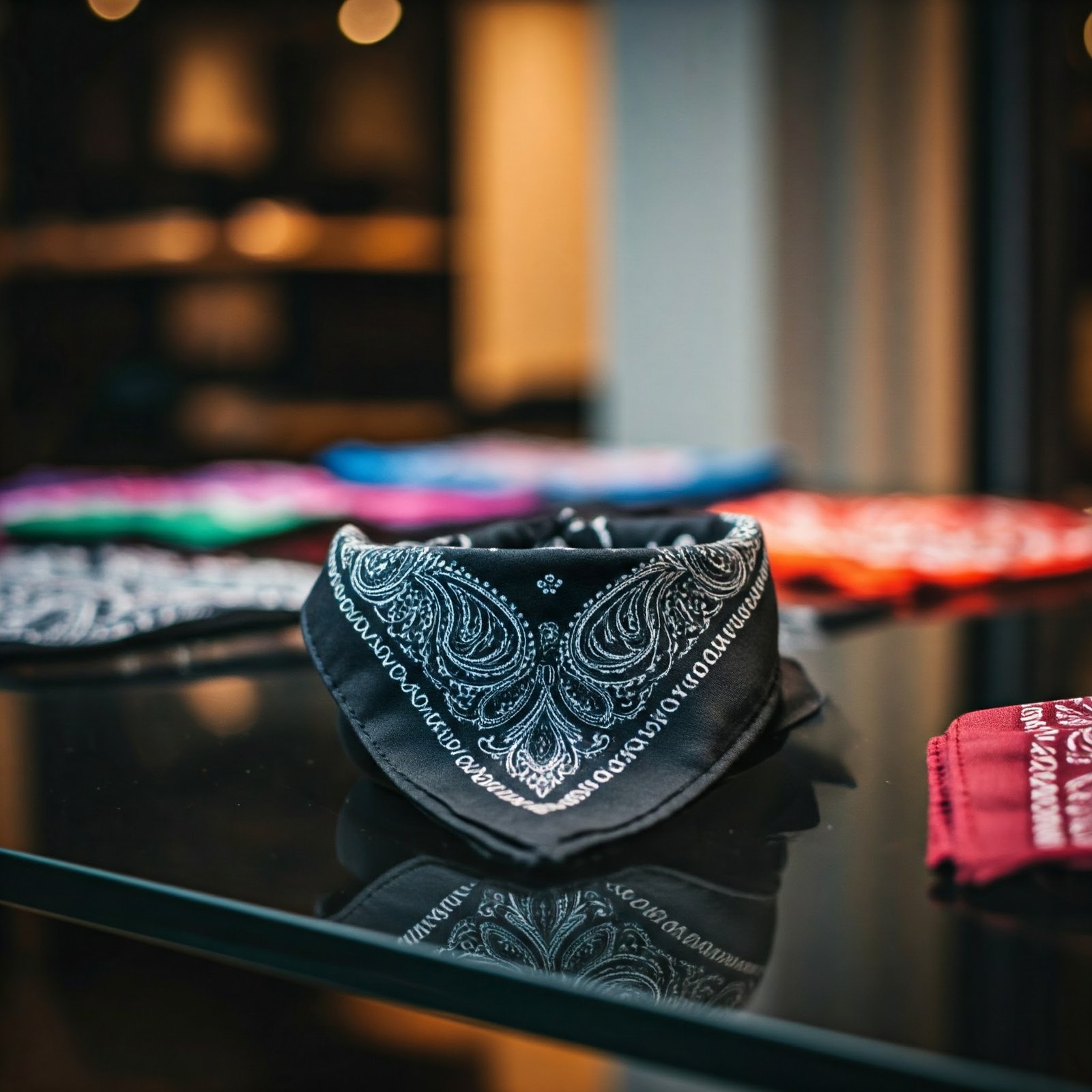 Pañuelo negro para ir en moto - encima de una mesa de cristal negra de exposición.