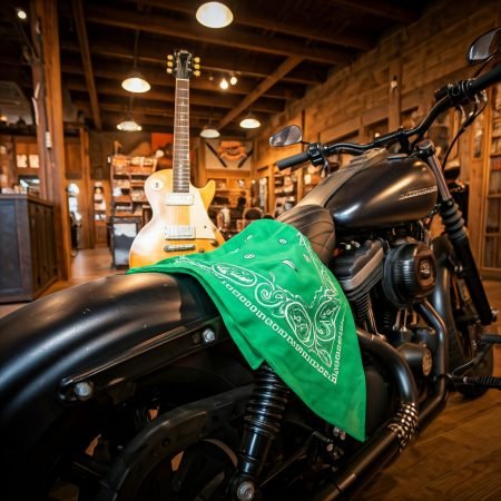 Pañuelo motero de color verde unisex, encima de una harley davidson